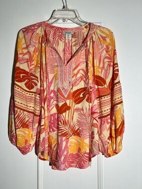 Haute Hippie Pink Orange Tropical Print Tunic Blouse